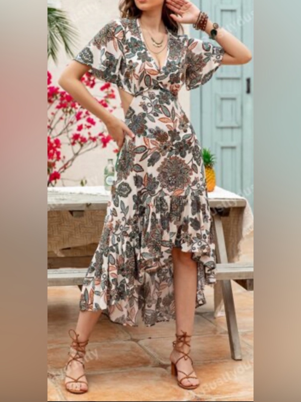 Ivory Floral High-Low Wrap Dress with Ruffle Hem